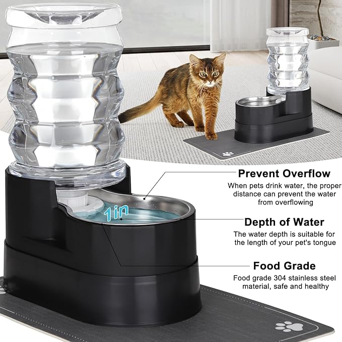 RIZZARI Automatic Cat Water Dispenser: Black 7L Elevated Fountain - Stainless Steel Gravity Feeder - Splash Guard Mat