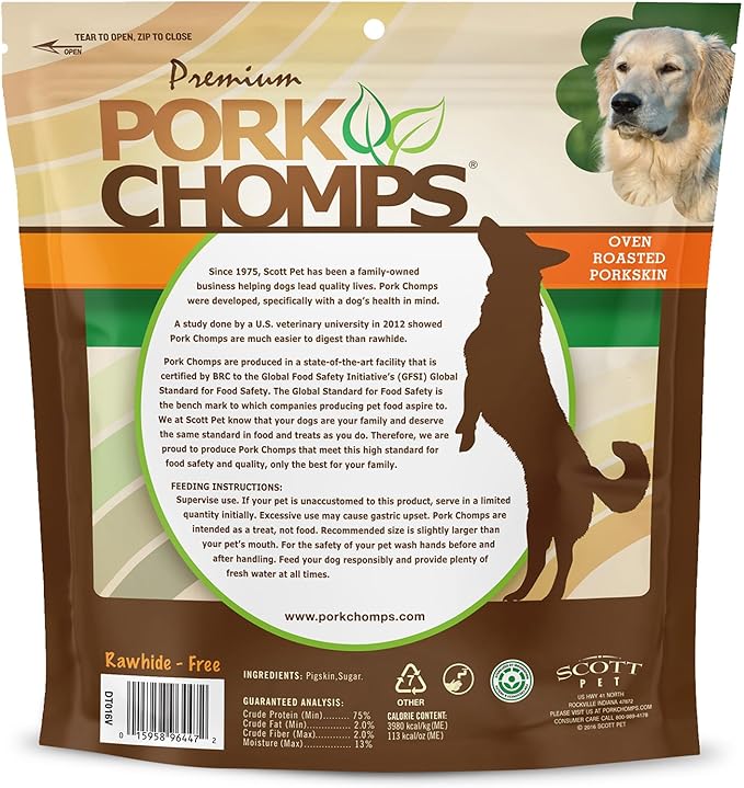 Pork Chomps Roasted Pork Skin Dog Chews, 6-inch Rib Shapes, 10 Count