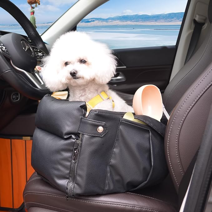 2 and 1 Center Console Dog Car Seat & Carrier for Small Dogs, Large Leather Dog Car Bed with Storage Pocket, Waterproof PVC Leather Seat Travel Bed for Front & Back Seat, Clip-On Safety Leash