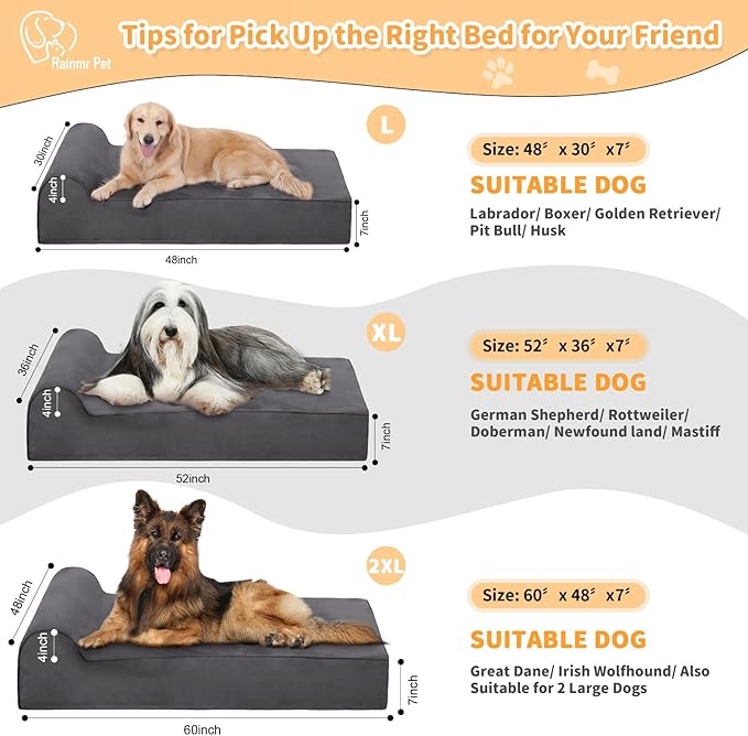 Orthopedic Dog Beds for Large Dogs, 7" Memory Foam Dog Beds with Waterproof Liner, Chew Proof Microsuede Cover, Removable and Washable, Nonskid Bottom, 48"x30" L Grey