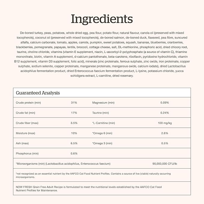 Now Fresh Grain-Free Dry Cat Food with Turkey, Salmon & Duck, Healthy Kibble for Adults Made with Real Meat & Fish, Chicken-Free, with Pumpkin & Probiotics for Sensitive Stomachs, 16 lb Bag