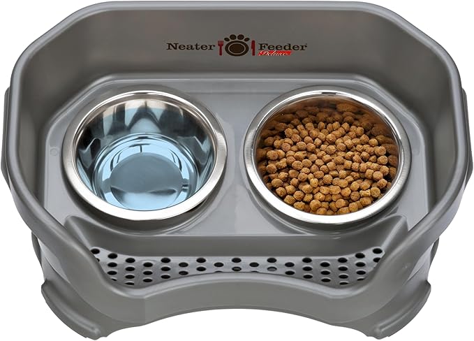 Neater Feeder Deluxe Mess Proof Cat Bowls Elevated for All Breeds – Made in USA – No Spill Raised Bowls for Indoor Cats – Stainless Steel Food and Water Bowl Set, Pet Dish Feeding Station, Grey