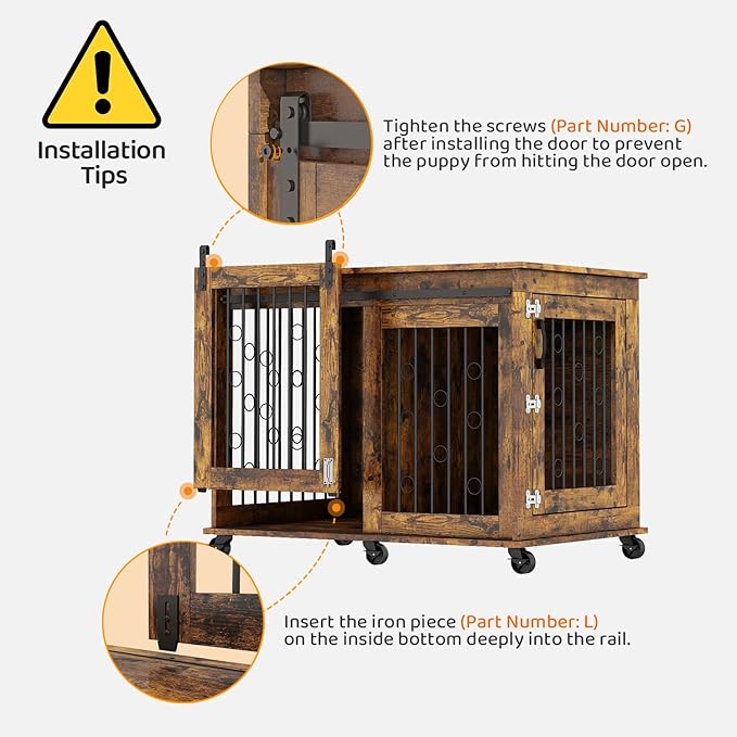 IchbinGo Large Dog Crate Furniture with Sliding Barn Door, 43.7" Wooden Dog Kennel End Table with Wheels and Flip-top Plate Dog House with Detachable Divider for Small/Medium/Large Dog (Rustic Brown)