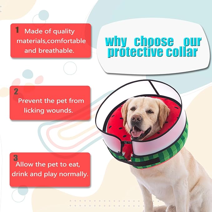 Inflatable Dog Cone Collar with Enhanced Anti-Licking, Soft Neck Donut for Dogs Cats, Recovery Pet Cone Collar After Surgery for Large Medium Small Dogs… (Watermelon, Medium)