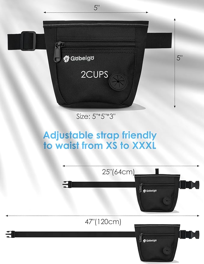 Gobeigo Dog Treat Pouch and Training Clicker, Upgrade Two Magnetic Closure to Prevent Spills, 2 Cup Treat Bag with Poop Bag Dispenser, Metal Clip Waist Belt Fanny Pack for Pet Walk (Black)