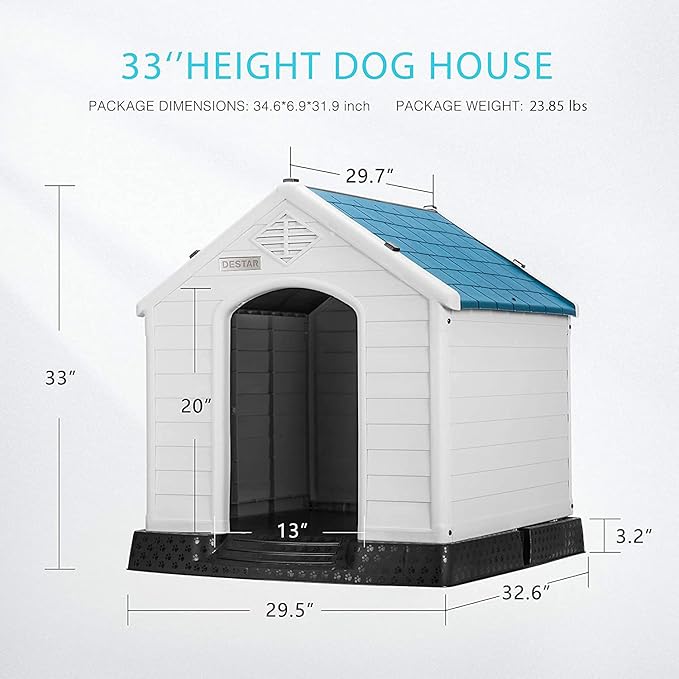 DEStar Durable Waterproof Plastic Pet Dog House Indoor Outdoor Puppy Shelter Kennel with Air Vents and Elevated Floor (Large - 33" Height)