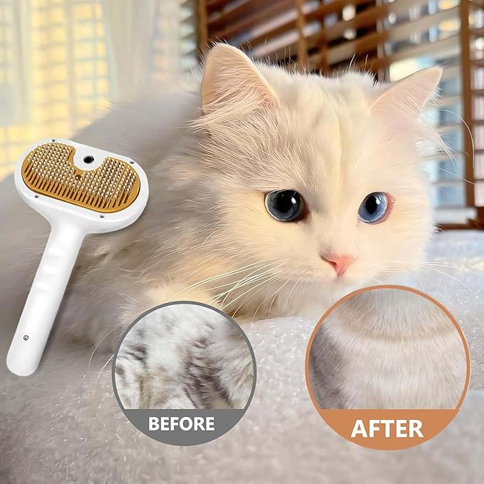 Pet Steam Brush for Dog & Cat – 3-in-1 Spray Hair Removal Comb – Steam Brush for Shedding & Grooming – Water for Long & Short Haired Pets – Spritz Defur Comb (White)