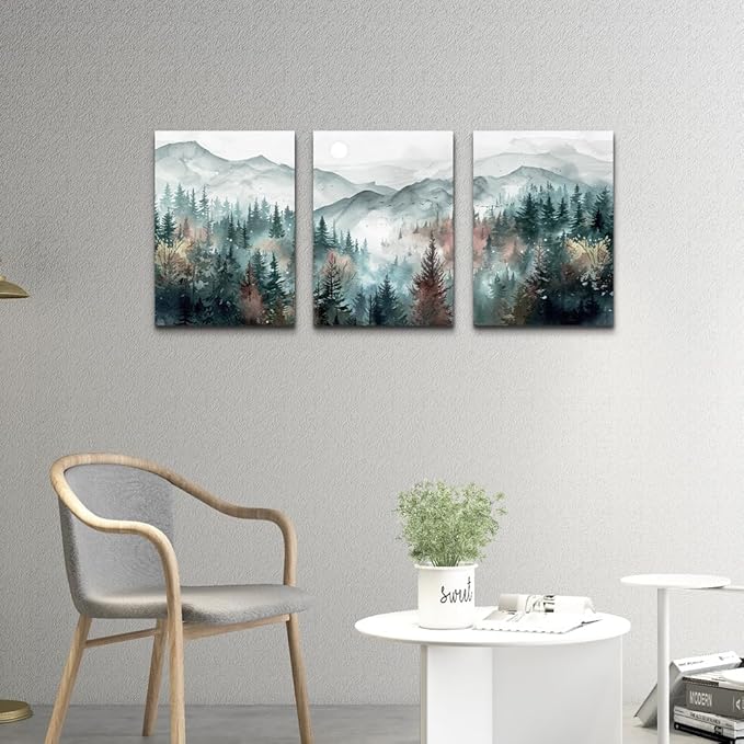 TTHYUEWS Farmhouse Wall Art For Bedroom Wall Decor For Living Room Wall Pictures for Office Fog Forest Mountain Landscape Watercolour Painting Artwork Modern Home Decorations Ready To Hang 3 Piece