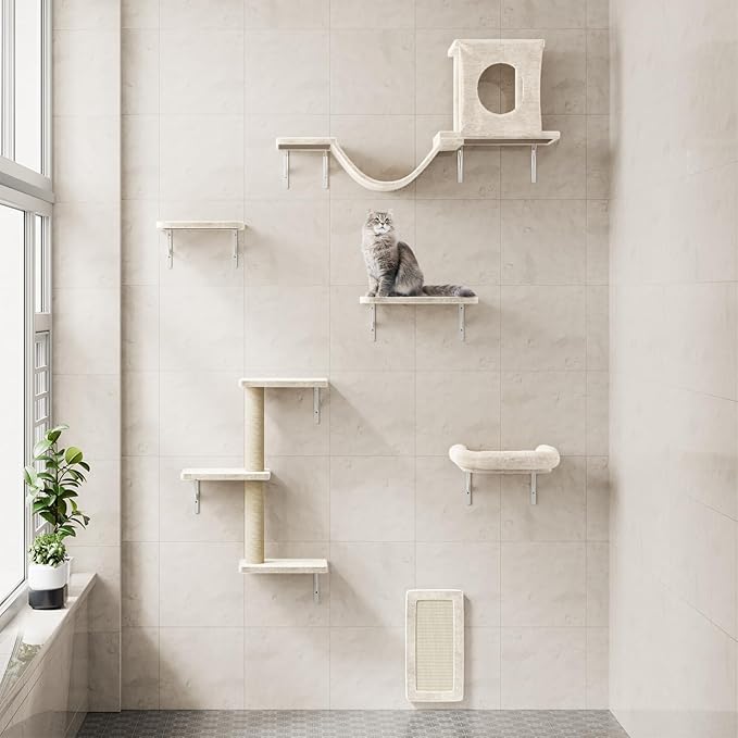 NUNU LAB Wall Mounted Cat Furniture, 6 Pcs Cat Wall Shelves with Condo House, Bridge, Steps, Scratcher, Hammock, Indoor Safe & Stable Furniture for Kittens Play, Beige