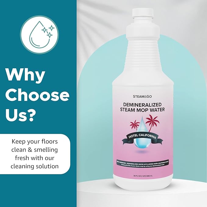 Steam & Go Deminerilized Water - Multi-Surface Cleaner for Steam Cleaners, Hardwood Floors, Kitchens, & Bathrooms - Germ-Killing Formula - Hotel California Scent - 32 Ounces (Pack of 6)