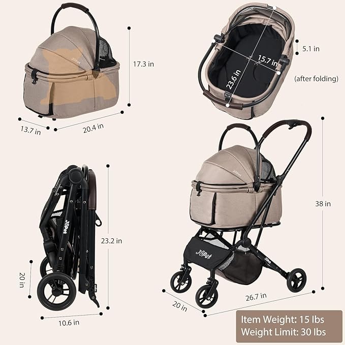 Pet Stroller, Small to Medium Dogs & Cats, Foldable, One-Hand Fold, Detachable Carrier, Latte Color
