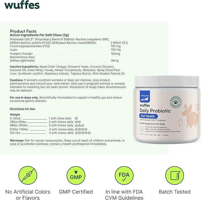 Wuffes Daily Probiotic for Dogs - Supports Digestive Health, Gut Balance, and Immune System - with Prebiotics, Marshmallow Root, and Pumpkin Powder - 60 Soft Chews