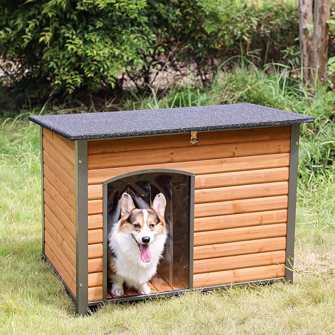 Aivituvin Dog House Outdoor & Indoor Wooden Dog Kennel for Winter with Raised Feet Weatherproof for Small & Medium & Large Dogs,Unique All-Around Iron Frame…