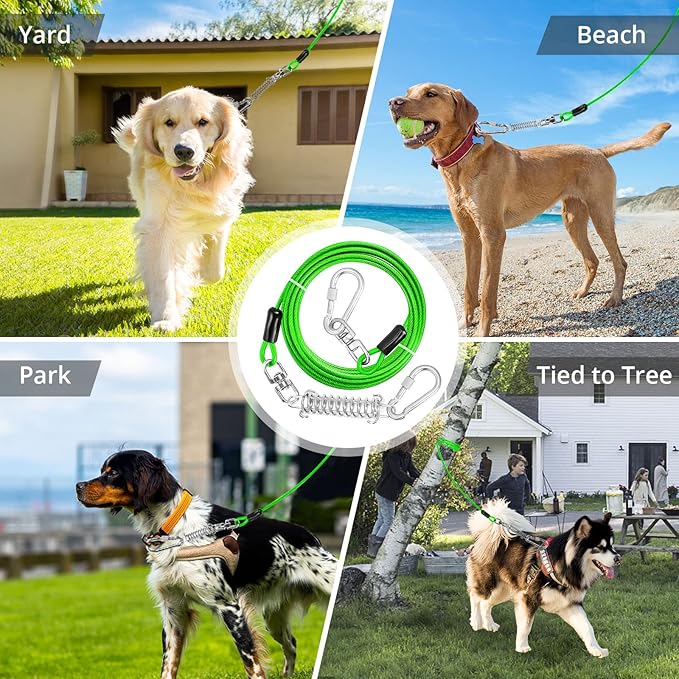 Jenico Dog Tie Out Cable - 10/15/20/30/40/50/70/100/150FT Runner Cable with Swivel Hook and Shock Spring, Outdoor and Camping Dog Leash Run Tether for Small to Medium Pets Up to 500 LBS