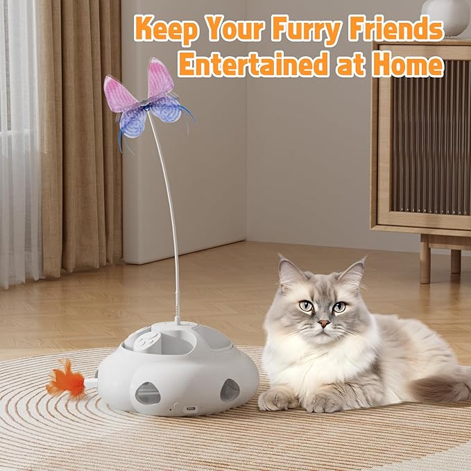 Interactive Cat Toys for Indoor Cats, 4in1 Pet Teaser Toy with Ambush Feather Wand, Motorized Fluttering Butterfly and Slow Feeder, Rechargeable Power Treat Puzzle Toys(White)