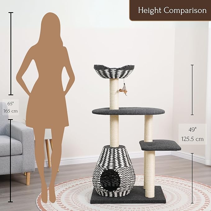 PetPals Ace 4-Level Multi-Activity Cat Tree with Handwoven Recycled Paper Rope Condo and Top Nest Bed, Replaceable Sisal Scratching Posts, Feather Teaser Toy, Black & White