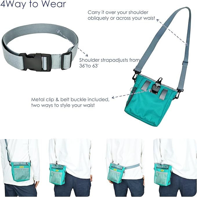 Dog Treat Pouch with Magnetic Closure 4-Cup Silicone Bag Fanny Pack Holder with Clicker 4 Ways to Wear Front Pocket Fits All Phones Ideal for Leash, Pet Walking and Training(Green)