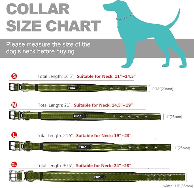 Fida Heavy Duty Dog Collar for Large Dogs, Ultra Comfortable Soft Neoprene Padded, Adjustable Reflective Nylon Pet Collar with Durable Metal Belt Buckle for Large Breeds (L, Green)