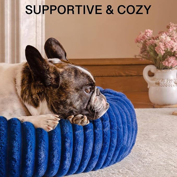 MEWOOFUN Donut Dog Beds for Small Dog, Calming Bed Round Cute Puppy Bed with Non-Slip Bottom, Fluffy Washable Pet Bed for Puppy and Kitten (Navy Blue, M (30x30x8))