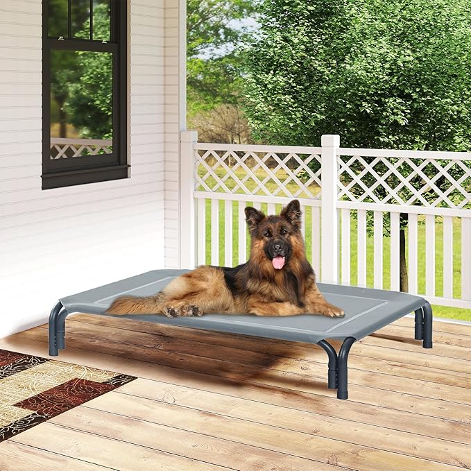 Elevated Dog Bed Raised Outdoor Dog Cot for Medium Dogs, Installation Requires No Tools, Frame with Washable Cooling Breathable Mesh Anti-Slip Feet, Indoor Pet Bed, Grey, 35.4 Inches
