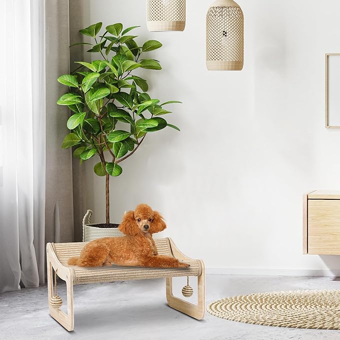 Sisal Cat Scratcher Bed for Indoor Cats Hammock for Scratching Pad, 2 in 1 Elevated Cat Sisal Chair with 2 Toys Ball for Scratcher Lounge,Kitty Bench,Dog Bed,Natural Lounger Chair