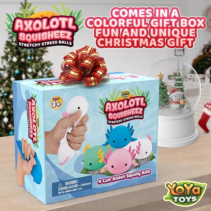 YoYa Toys Squisheez Axolotl 4Pack - Mini Squishy Animal Toys for Stress Relief - Fun and Cute Toys for Kids and Adults - Kawaii Squishies in Pink, White, Green, and Blue