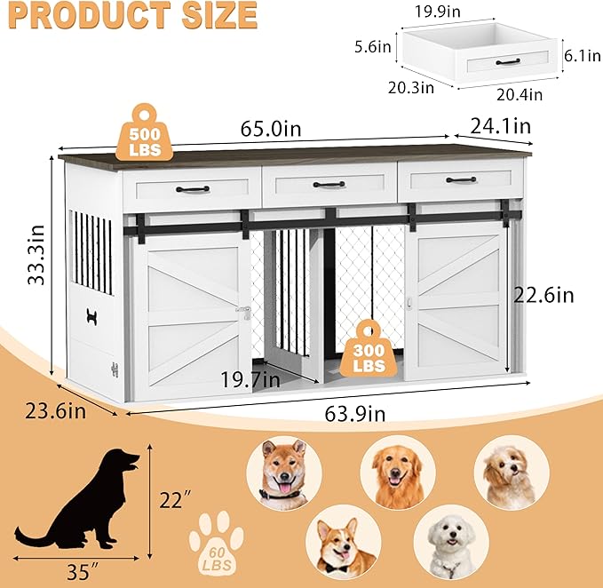 RQZ 65" Double Dog Crate Furniture for 2 Dogs Heavy Duty Wood Dog Cage Table with 3 Storage Drawers and 4 Stainless Steel Bowls Dog Kennel Indoor for Medium Large Dogs