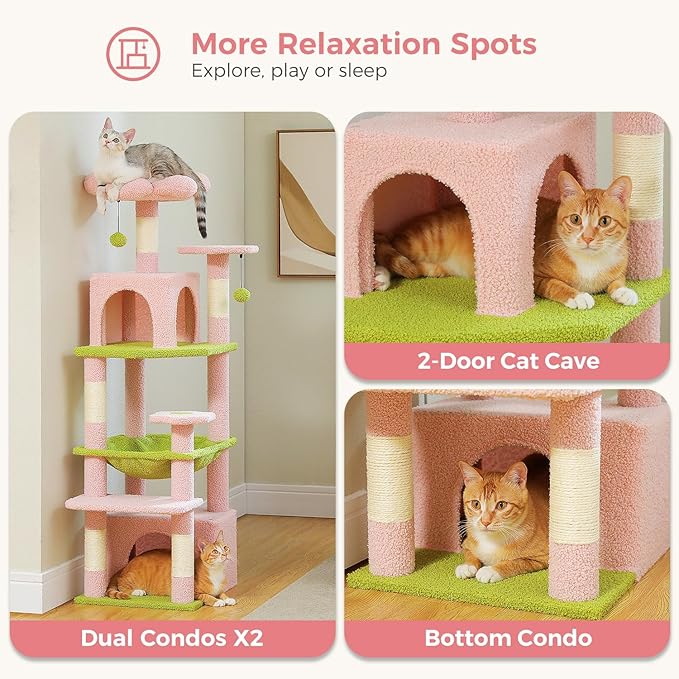 PAWZ Road Cat Tree, 53.5 Inches Tall Cat Tower with Spacious Hammocks, Condos and Scratching Posts, Cat House with Dual Padded Perches for Indoor Large Cats-Pink