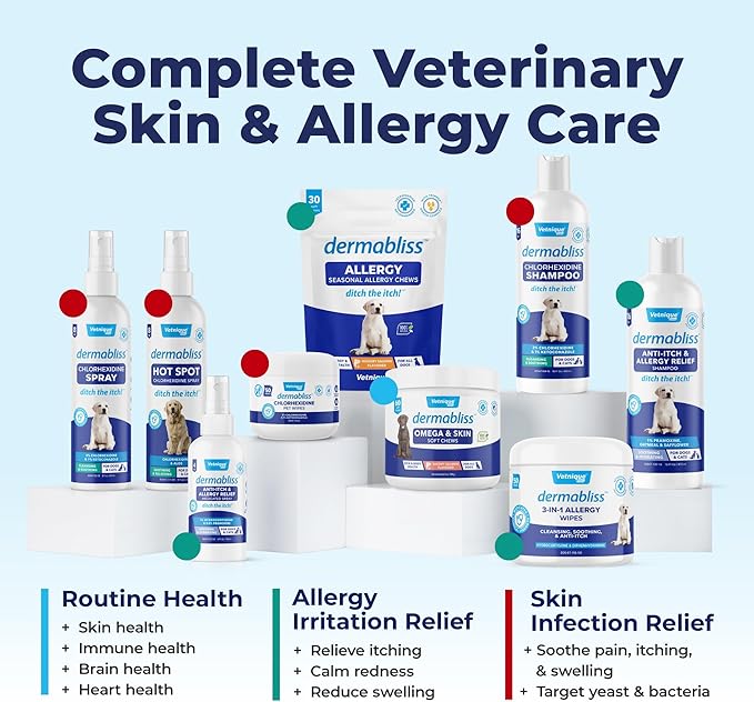 Vetnique Labs Dermabliss Dog Allergy and Itch Relief, Skin and Coat Health Supplements and Grooming Supplies with Omega 3-6-9, Biotin - Ditch The Itch (Itch Relief, 16oz Shampoo)