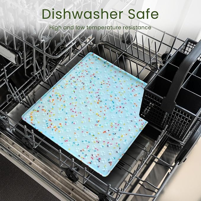 Ptlom Dog Food Mat Anti-Slip Dog Bowl Mats for Food and Water, Waterproof Pet Placemat Prevents Messy Spill to Floor, Silicone Puppy Feeding Tray for Small, Medium and Large Dogs Cats, Blue