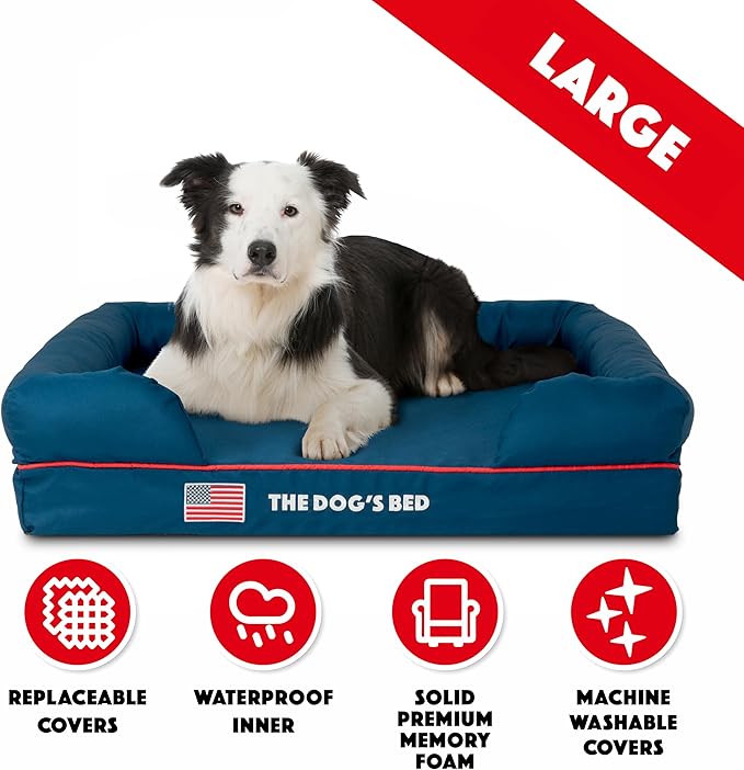 The Dog’s Bed, Large Blue Oxford with Red Trim USA Flag Dog Bed 36x27 Memory Foam, Pain Relief: Arthritis, Post Surgery, Lameness, Supportive, Calming, Waterproof Washable Cover, Veterinary Approved