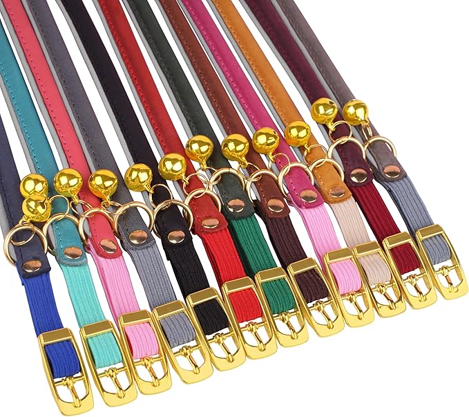 OOPSDOGGY Rolled Leather Cat Collar with Bell - Reflective Kitten Collar with Safety Elastic Strap - Adjustable Small Pet Collars for Boy Girl Cats (Black)