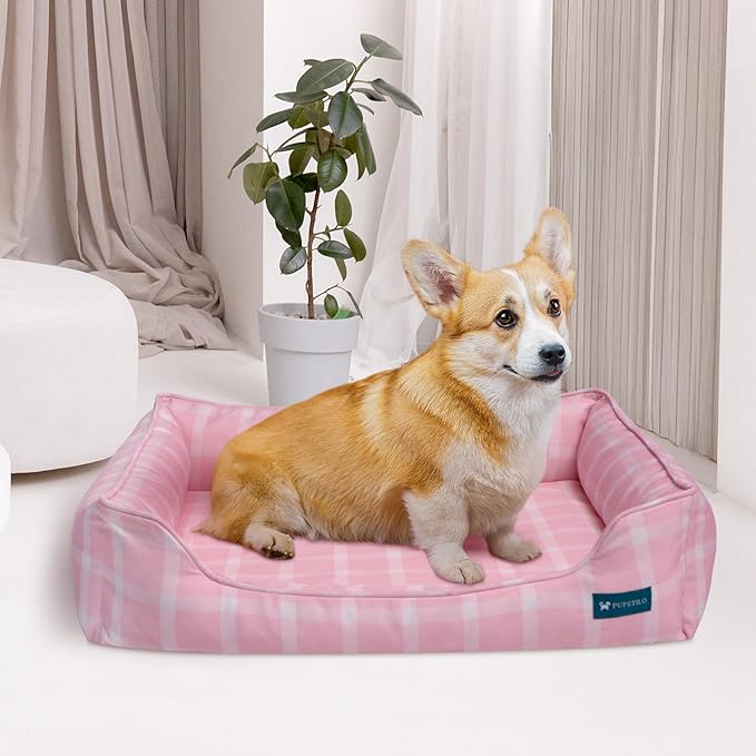 Orthopedic Bolster Dog Bed β CertiPUR-US Foam, Recycled Polyester Canvas, Washable Cover, Anti-Slip Bottom, Small, Pink Check β Stylish Designer Dog Sofa
