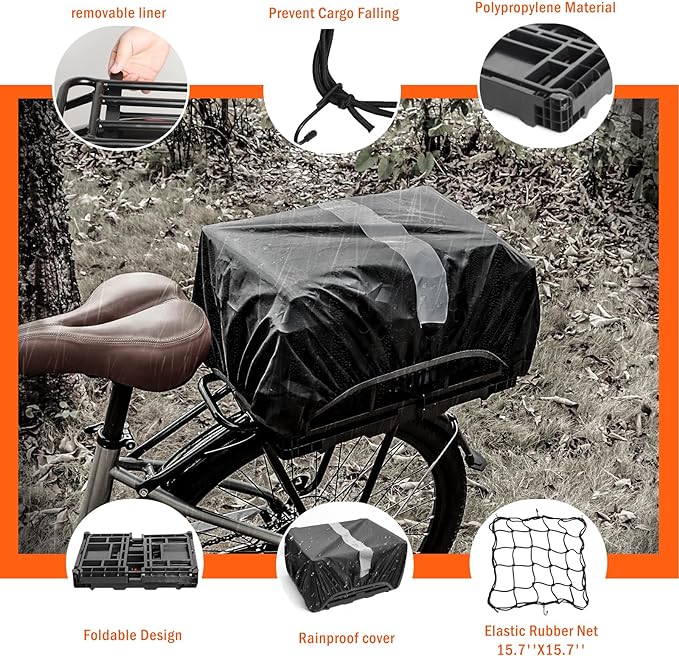 YEEGO DIRECT Bike Basket Rear, Folding Large Capacity Rear Bike Baskets, Collapsible Bicycle Storage Bike Milk Crate Rear Rack,Waterproof Cover for Shopping,Outings,Pets E-Bike Accessories (Black)