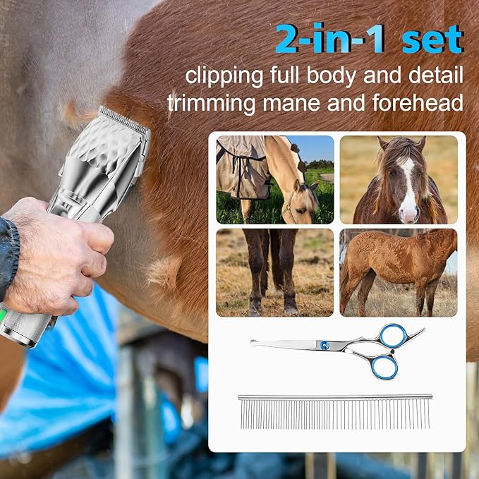 Horse Clippers, Cordless Trimmers Grooming Kit with 2500mAh Battery,Low Noise Heavy Duty Body Clipping Machine with LED Display, Suitable for Horse, Cattle, Cat, Dog with Thick/Tangled Coat