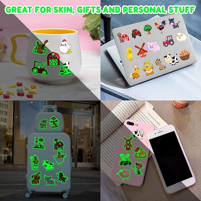 96 PCS Farm Barnyard Animal Glow In The Dark Pre-Cut Temporary Tattoos Sticker 1st First 2nd Birthday Decorations Party Favors Supplies Gift Boy Girl Farmhouse Tattoo School Reward Themed (Luminous)