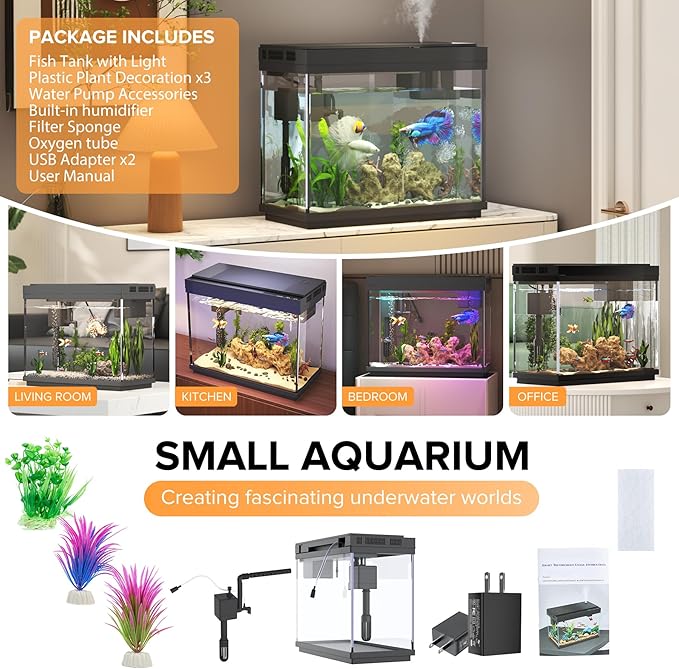 Fish Tank, 2.4 Gallon Fish Aquarium, Fish Tank Starter kit with Smart Humidifier, Temperature Display, 7-Color Lighting, 3 in 1 Quiet Pump with Filteration & Oxygenation & Circulation