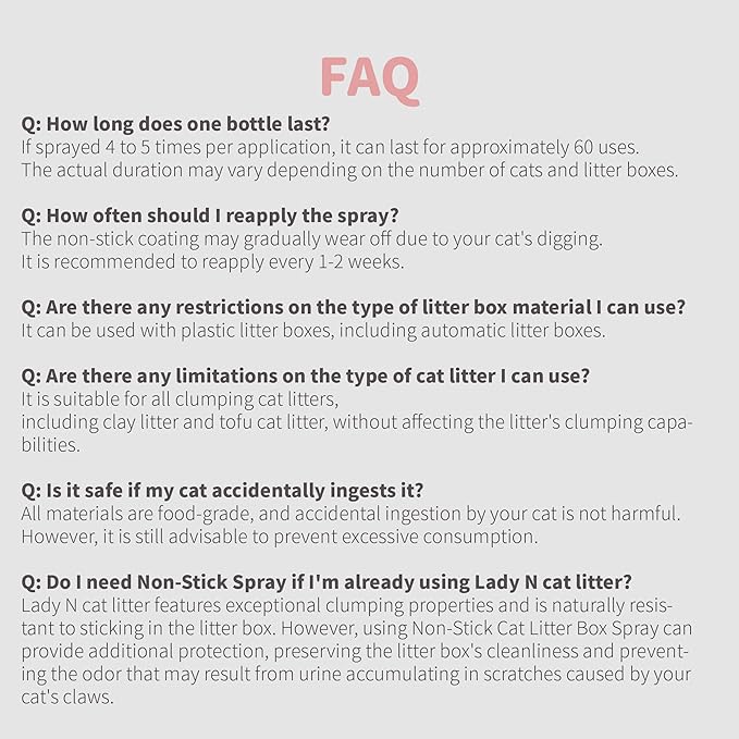 Lady N Non-Stick Spray for Cat Litter Box and Self-Cleaning Cat Litter Box, Alcohol-Free, Food Grade Mineral Oil, 6 fl oz