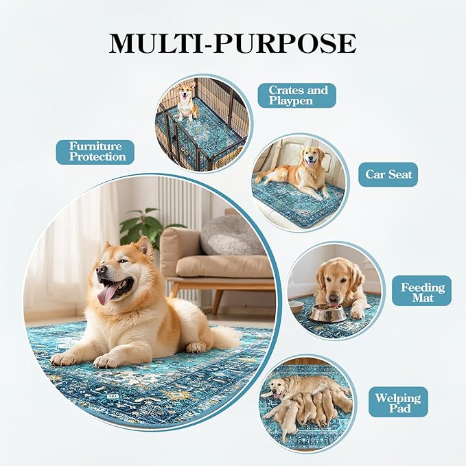 HAOCOO Washable Pee Pads for Dogs, (2 Pack) 3Ft x 3Ft Reusable Puppy Training Pads Super Absorbent Waterproof Whelping Pads,Blue Non-Slip Leakproof Potty Pads for Pet Housebreaking