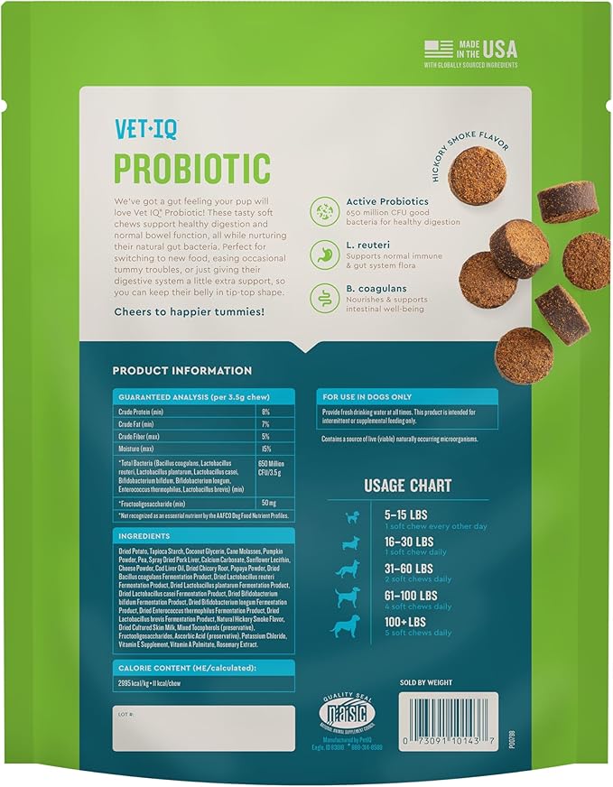 VetIQ Probiotic Supplement for Dogs, Digestive Support for Dogs, Nourishes Gut Bacteria and Supports Bowel Function, Hickory Smoke Flavor, Made in The USA, 180 Count