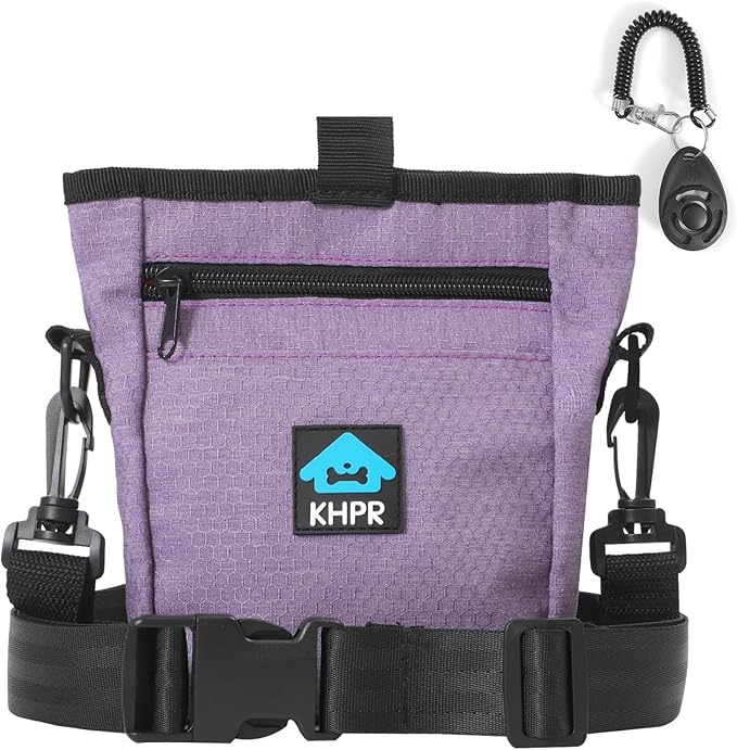 Dog Treat Pouch Magnetic Closure with Training Clicker,Hands-Free Design to Prevent Spills,Built in Poop Bag Dispenser,3 Ways To Wear,Metal Clip Waist Belt and Fanny Pack for Pet Walking(Purple)