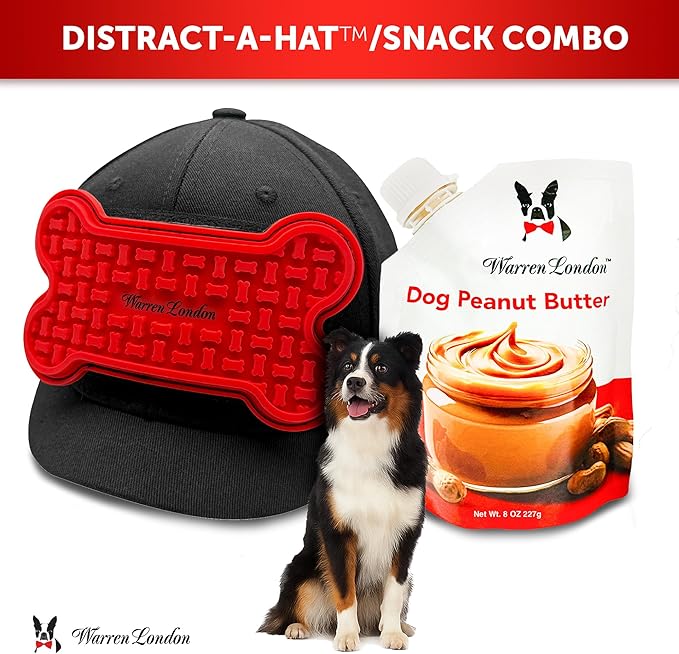 Warren London Hat/Snack Combo - Distract-A-Hat™ Grooming Distraction Tool + 8 oz All-Natural Roasted Peanut Dog Peanut Butter, Xylitol-Free Enrichment & Anxiety-Relief, $42 Value for $34.99