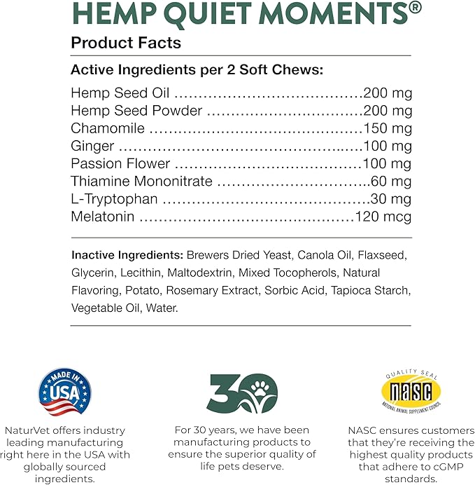 NaturVet Quiet Moments Plus Hemp Calming Aid Soft Chews for Dogs, Count of 60, 60 CT