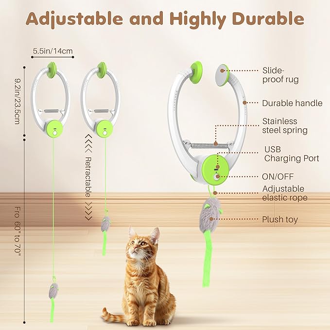 Interactive Cat Toys Rechargeable, Feather Toy for Indoor Cat, Hanging Retractable Teaser Toy, Automatic Kitten Play Chase Exercise Toys with Three Plush Mouse, USB Powered (Green)