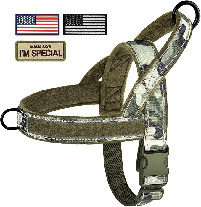 Forestpaw No Pull Dog Harness - Soft Flannel Padded Tactical Dog Vest Harness with Quick Release Buckle, Adjustable Reflective Pet Harness for Large Dogs Walking Training,Green Camouflage L