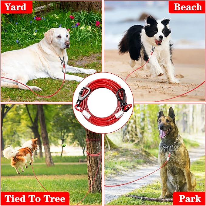 Tie Out Cable Chew Proof 50FT, Heavy Duty Lead for Large Dogs, Runner Cable With Spring for Training Outside Yard & Camping - Red