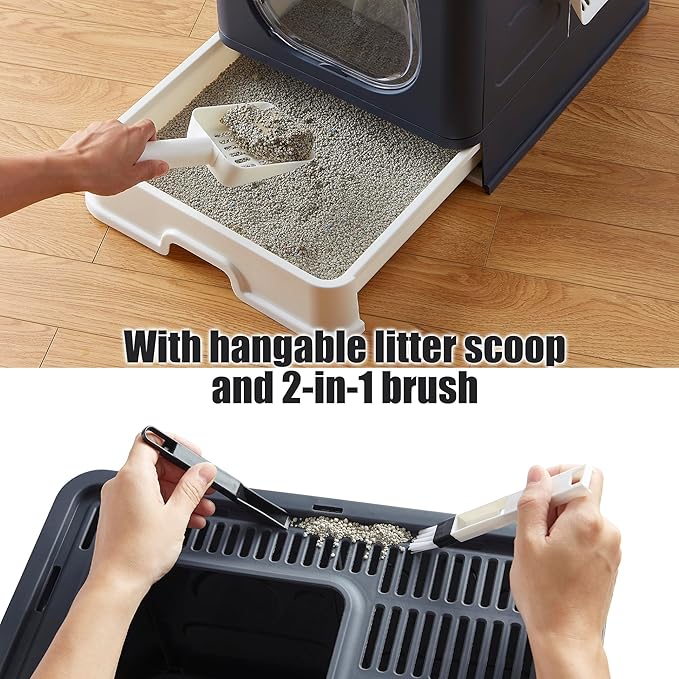 Gefryco Litter Box with Lid for Small to Medium Cats, Enclosed Cat Litter Box with Cover,High Sided Top Entry Cat Box with Brush and Scoop, Cute Kitty Litter Pan with Drawer for Growing Kitten(Black)