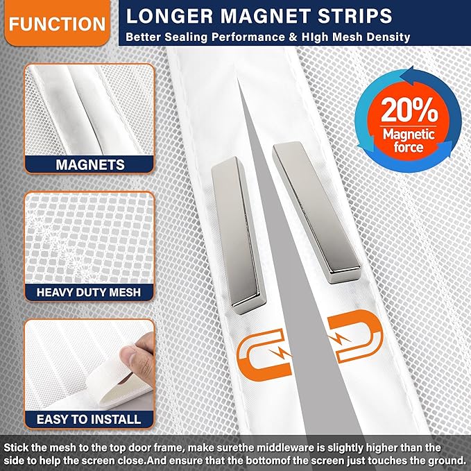 Magnetic Screen Door,Screen Door Mesh,Keep Bugs Out, Heavy-Duty Mesh Curtain,Pet and Kid Friendly, Works with Front Doors, Sliding Doors(47x80 Inch White