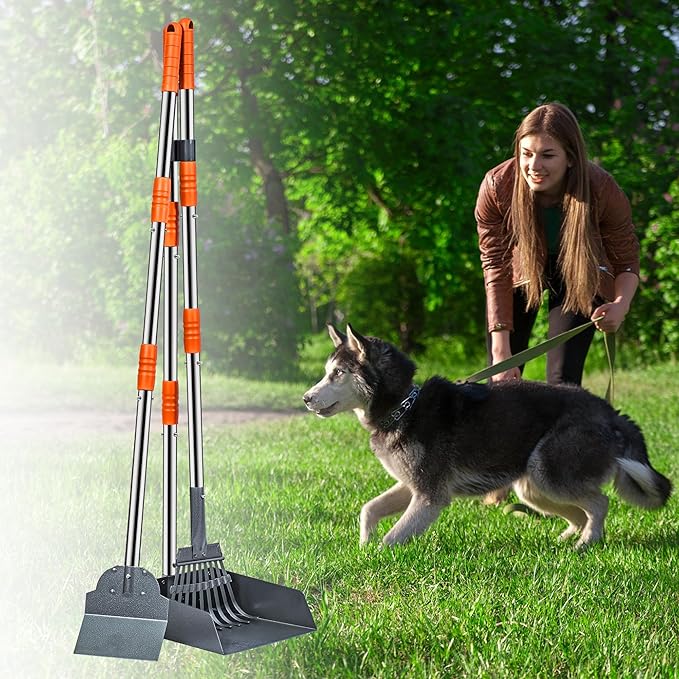 Niubya Pooper Scooper for Dogs, Metal Poop Scooper Tray Spade and Rake Set, Poop Scoop with Adjustable Long Handle, Dog Pooper Scooper for Pet Waste Removal