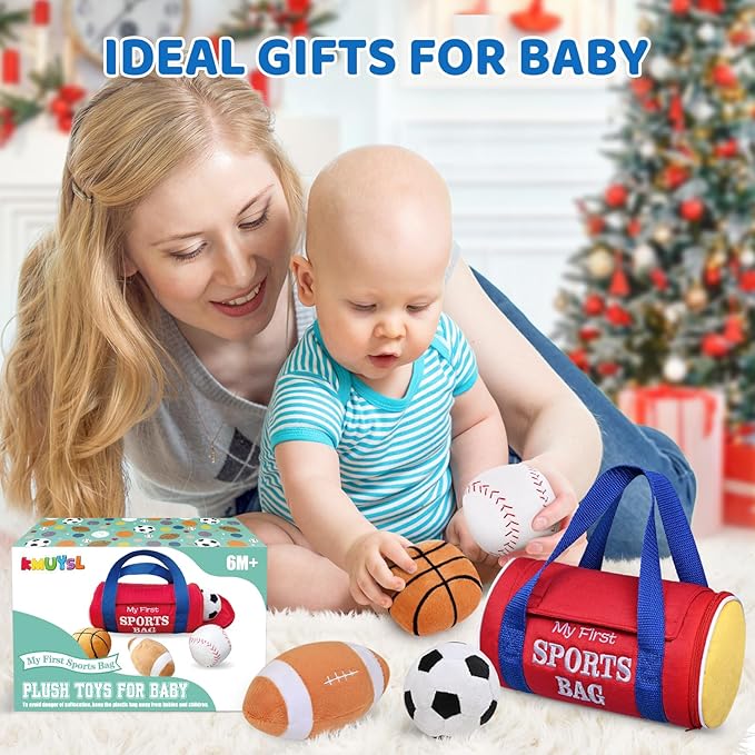 KMUYSL Baby Toys 0-12 Months, My First Sports Bag Plush Toy - 4 Sensory Balls Soft Toys with Crinkle, Rattles for 0-3-6-9-12 Month Newborn Infant, 1st Birthday for Babies Boys Girls Age 1